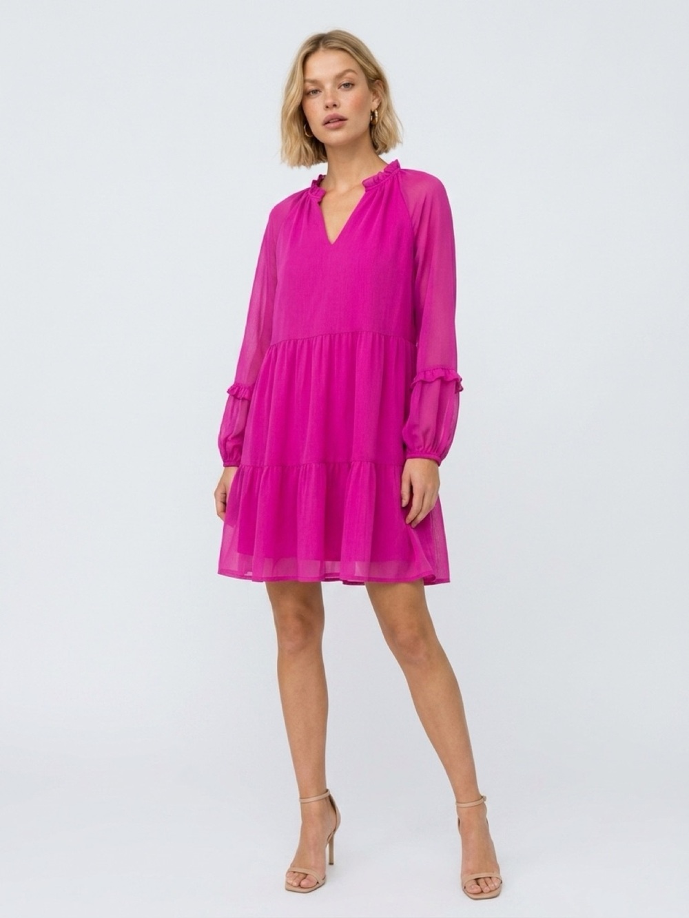 VINCE CAMUTO Bright Pink Tiered Ruffle Mini Dress Medium Long Sleeve
